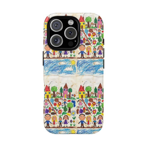 Kids Drawing Phone Case | Colorful Childlike Houses, Flowers & People