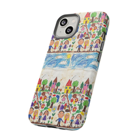 Kids Drawing Phone Case | Colorful Childlike Houses, Flowers & People