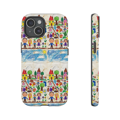 Kids Drawing Phone Case | Colorful Childlike Houses, Flowers & People