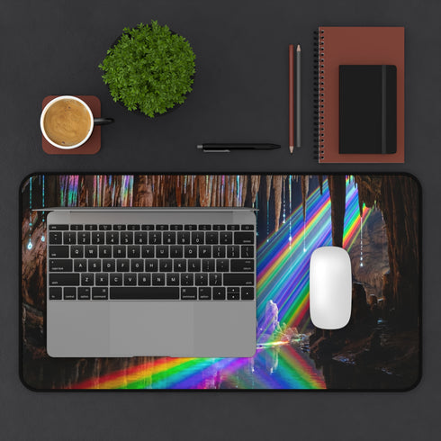 Cave Explorer with Rainbow Light Desk Mat | Fantasy Cavern Gaming Mat
