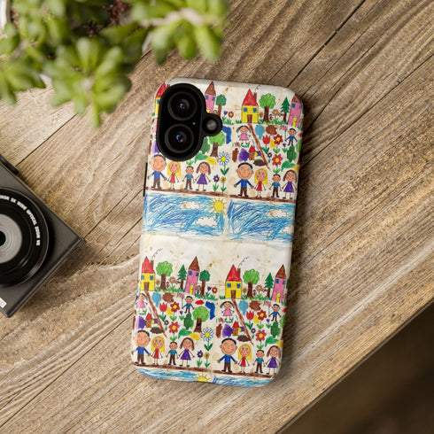 Kids Drawing Phone Case | Colorful Childlike Houses, Flowers & People