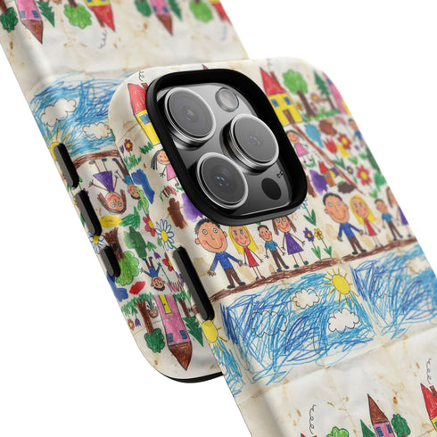 Kids Drawing Phone Case | Colorful Childlike Houses, Flowers & People