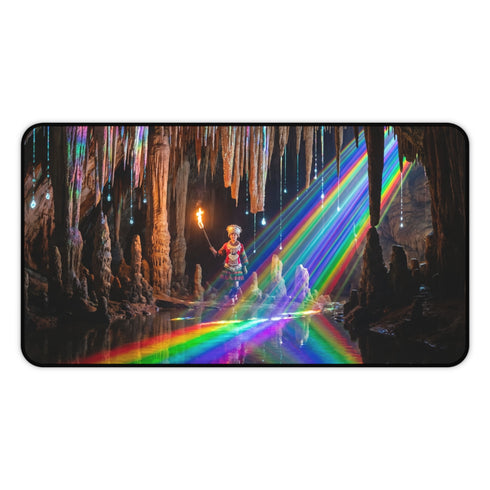 Cave Explorer with Rainbow Light Desk Mat | Fantasy Cavern Gaming Mat