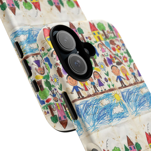 Kids Drawing Phone Case | Colorful Childlike Houses, Flowers & People