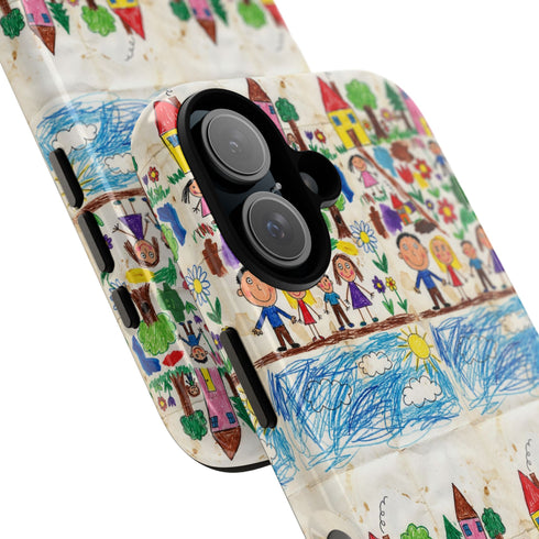 Kids Drawing Phone Case | Colorful Childlike Houses, Flowers & People
