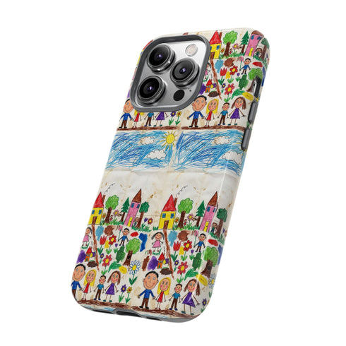 Kids Drawing Phone Case | Colorful Childlike Houses, Flowers & People
