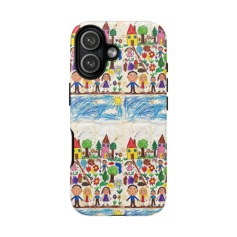 Kids Drawing Phone Case | Colorful Childlike Houses, Flowers & People