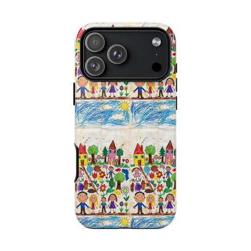 Kids Drawing Phone Case | Colorful Childlike Houses, Flowers & People