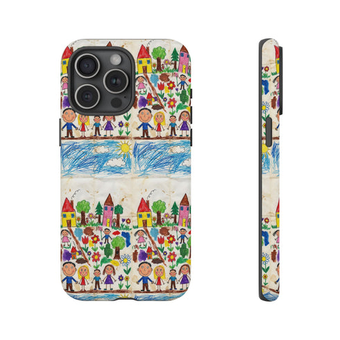 Kids Drawing Phone Case | Colorful Childlike Houses, Flowers & People