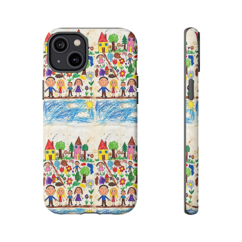 Kids Drawing Phone Case | Colorful Childlike Houses, Flowers & People