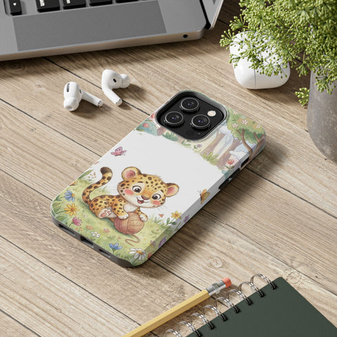 Cute Baby Leopard Playing with Yarn Tough Phone Case | Nursery Animal Phone Cover