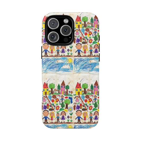 Kids Drawing Phone Case | Colorful Childlike Houses, Flowers & People