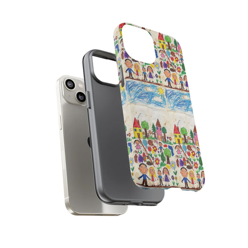 Kids Drawing Phone Case | Colorful Childlike Houses, Flowers & People
