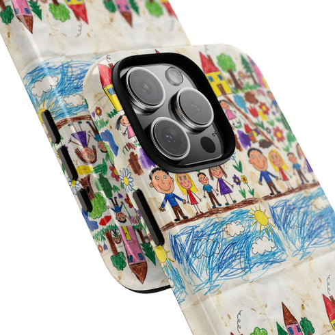 Kids Drawing Phone Case | Colorful Childlike Houses, Flowers & People