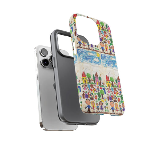 Kids Drawing Phone Case | Colorful Childlike Houses, Flowers & People