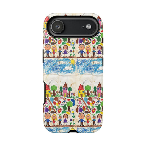 Kids Drawing Phone Case | Colorful Childlike Houses, Flowers & People