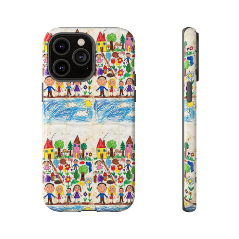 Kids Drawing Phone Case | Colorful Childlike Houses, Flowers & People