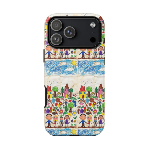 Kids Drawing Phone Case | Colorful Childlike Houses, Flowers & People