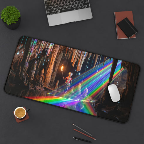 Cave Explorer with Rainbow Light Desk Mat | Fantasy Cavern Gaming Mat