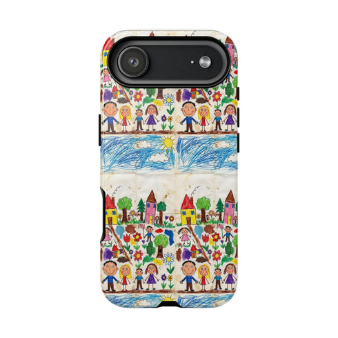 Kids Drawing Phone Case | Colorful Childlike Houses, Flowers & People