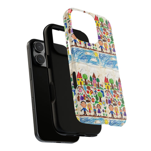 Kids Drawing Phone Case | Colorful Childlike Houses, Flowers & People