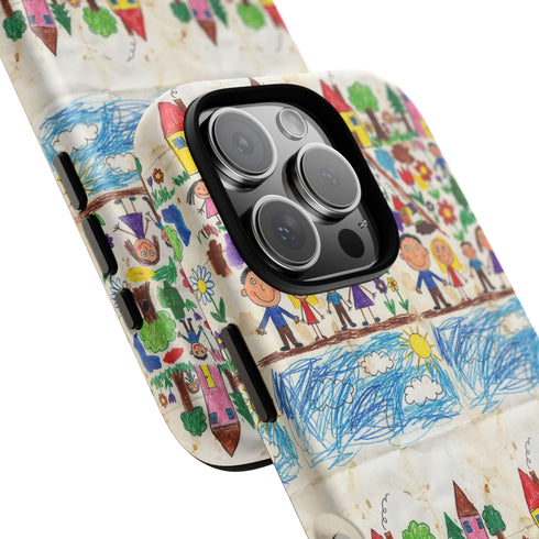 Kids Drawing Phone Case | Colorful Childlike Houses, Flowers & People