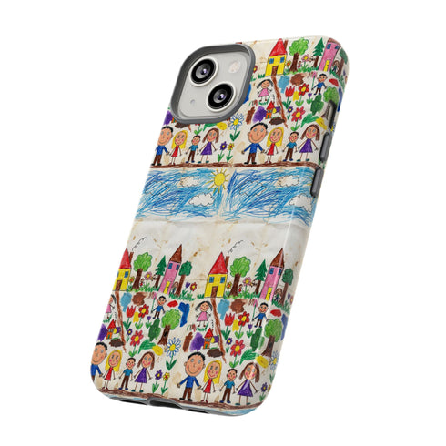 Kids Drawing Phone Case | Colorful Childlike Houses, Flowers & People