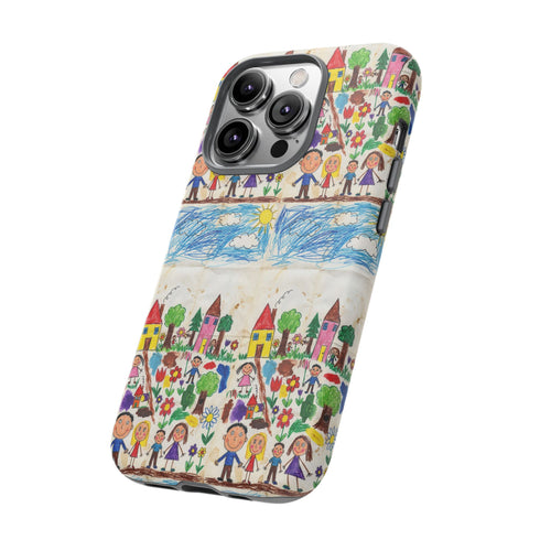 Kids Drawing Phone Case | Colorful Childlike Houses, Flowers & People