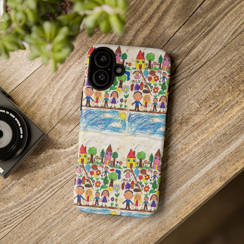 Kids Drawing Phone Case | Colorful Childlike Houses, Flowers & People