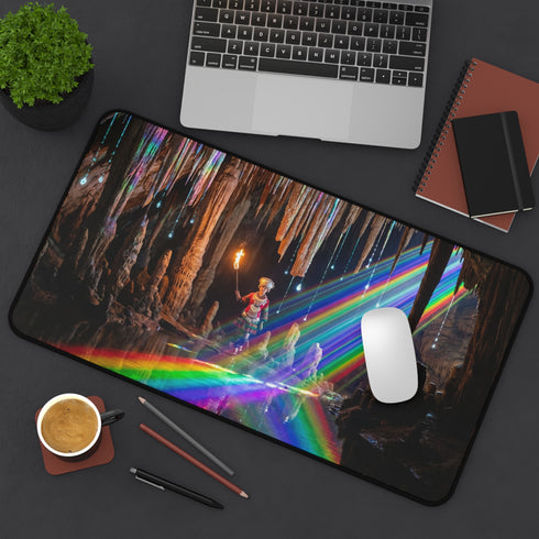 Cave Explorer with Rainbow Light Desk Mat | Fantasy Cavern Gaming Mat