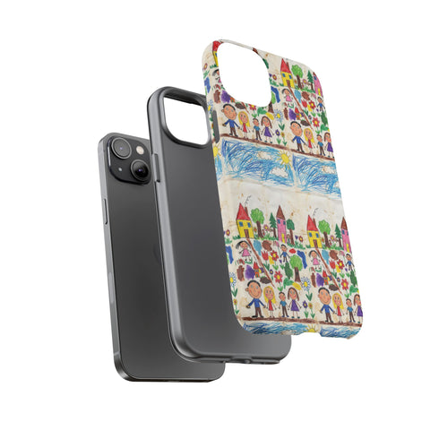 Kids Drawing Phone Case | Colorful Childlike Houses, Flowers & People