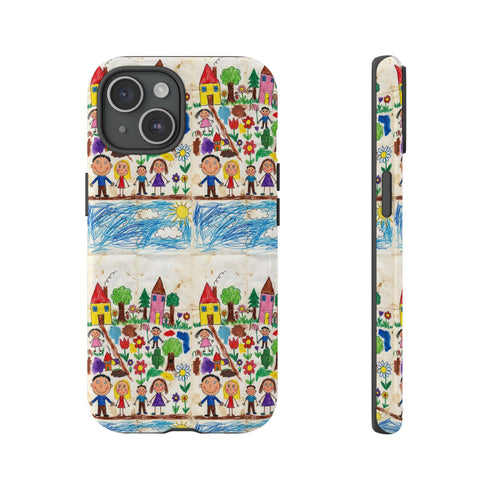 Kids Drawing Phone Case | Colorful Childlike Houses, Flowers & People