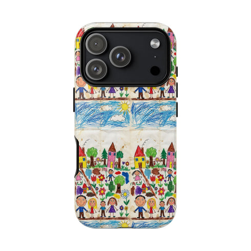 Kids Drawing Phone Case | Colorful Childlike Houses, Flowers & People