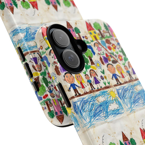 Kids Drawing Phone Case | Colorful Childlike Houses, Flowers & People