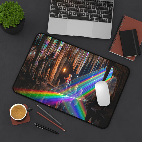 Cave Explorer with Rainbow Light Desk Mat | Fantasy Cavern Gaming Mat