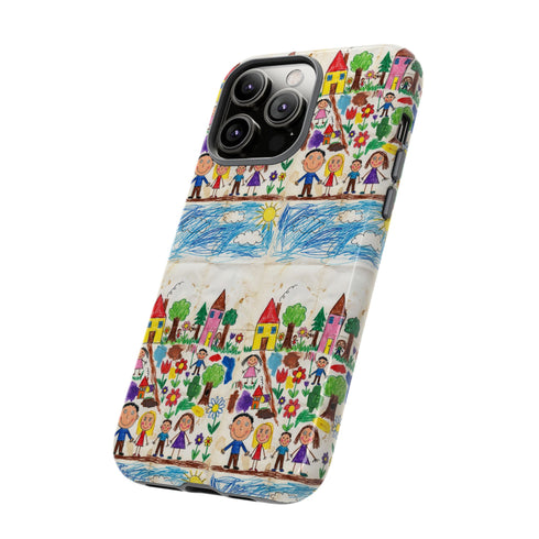 Kids Drawing Phone Case | Colorful Childlike Houses, Flowers & People