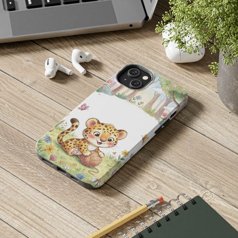 Cute Baby Leopard Playing with Yarn Tough Phone Case | Nursery Animal Phone Cover